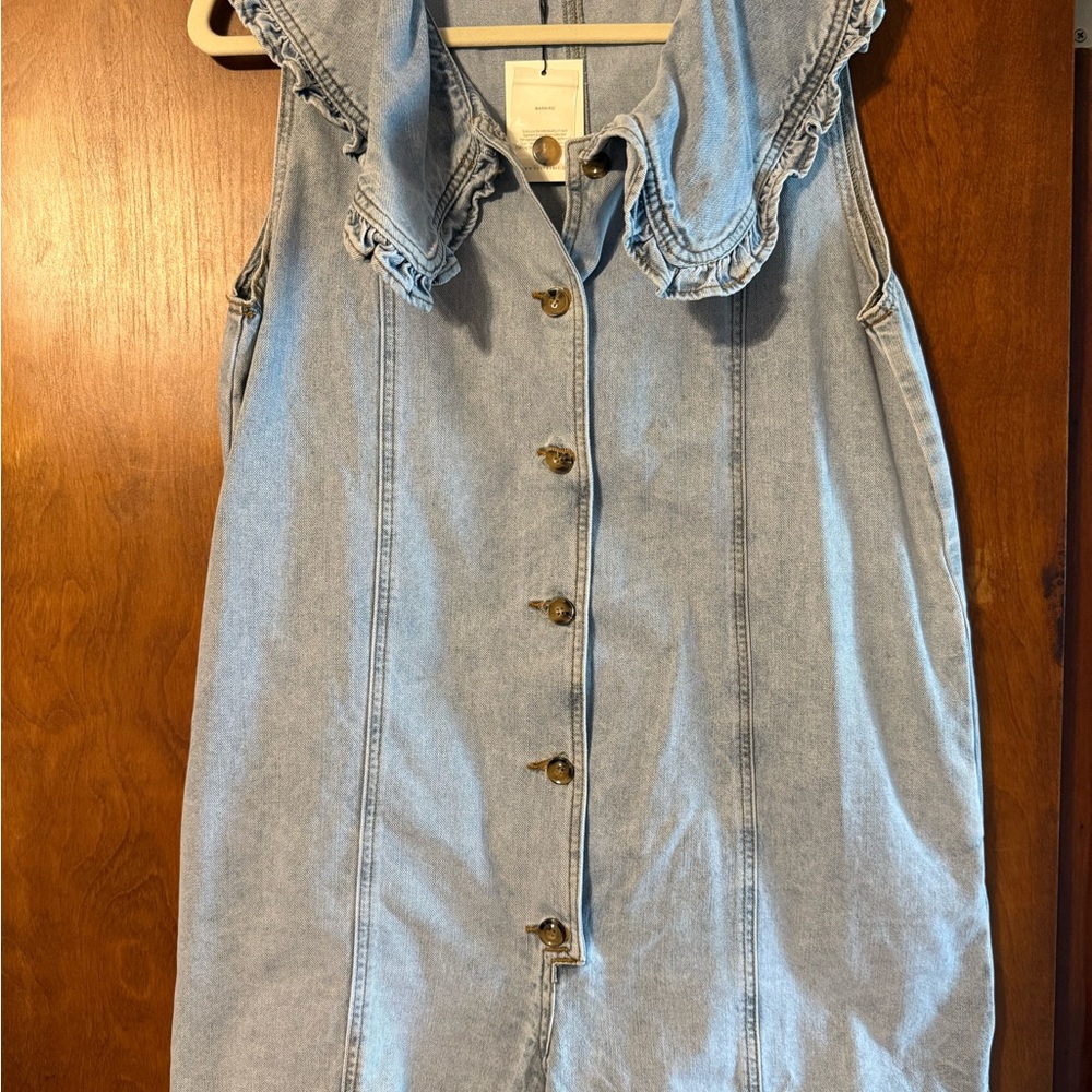 MARBLE Light Wash Blue Denim Shirt Dress with Gold Button Accent